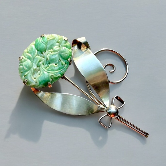 🌺RARE Vintage Sterling/Gold Jadeite Flower Brooch - Picture 10 of 16
